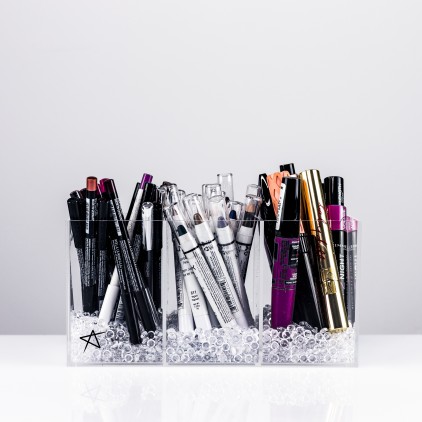 Clear acrylic makeup organiser for brushes and/or lip and eye pencils